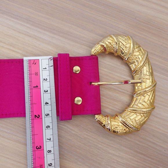 VINTAGE‎ Belt Womens XS Pink Fabric Cinch Waist Fashion Chunky Gold Buckle Y2K - Picture 6 of 11